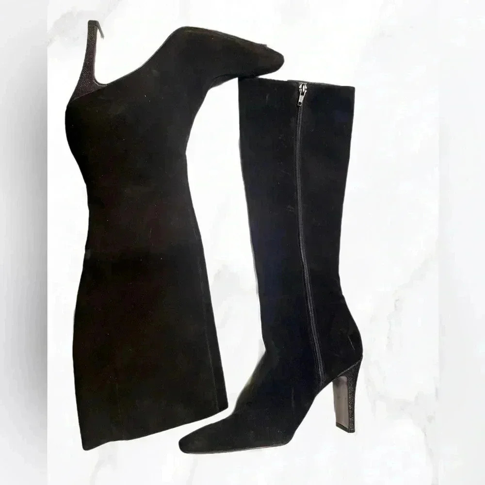 Stylish Black knee high day 2 nite side full zip vegan suede  leather boots 9